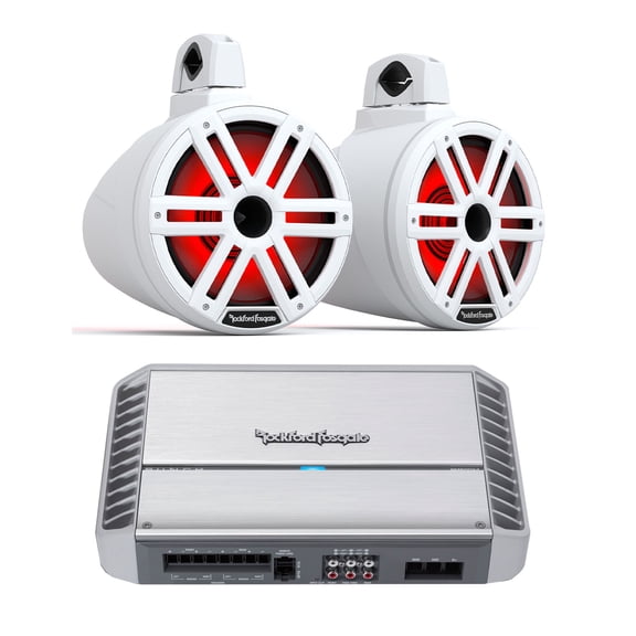 Rockford Fosgate 1 Pair M2WL-10H 10-Inch White Color Optix™ 2-Way Horn Loaded Tower Speakers with PM600X4 4 Channel Marine Amplifier
