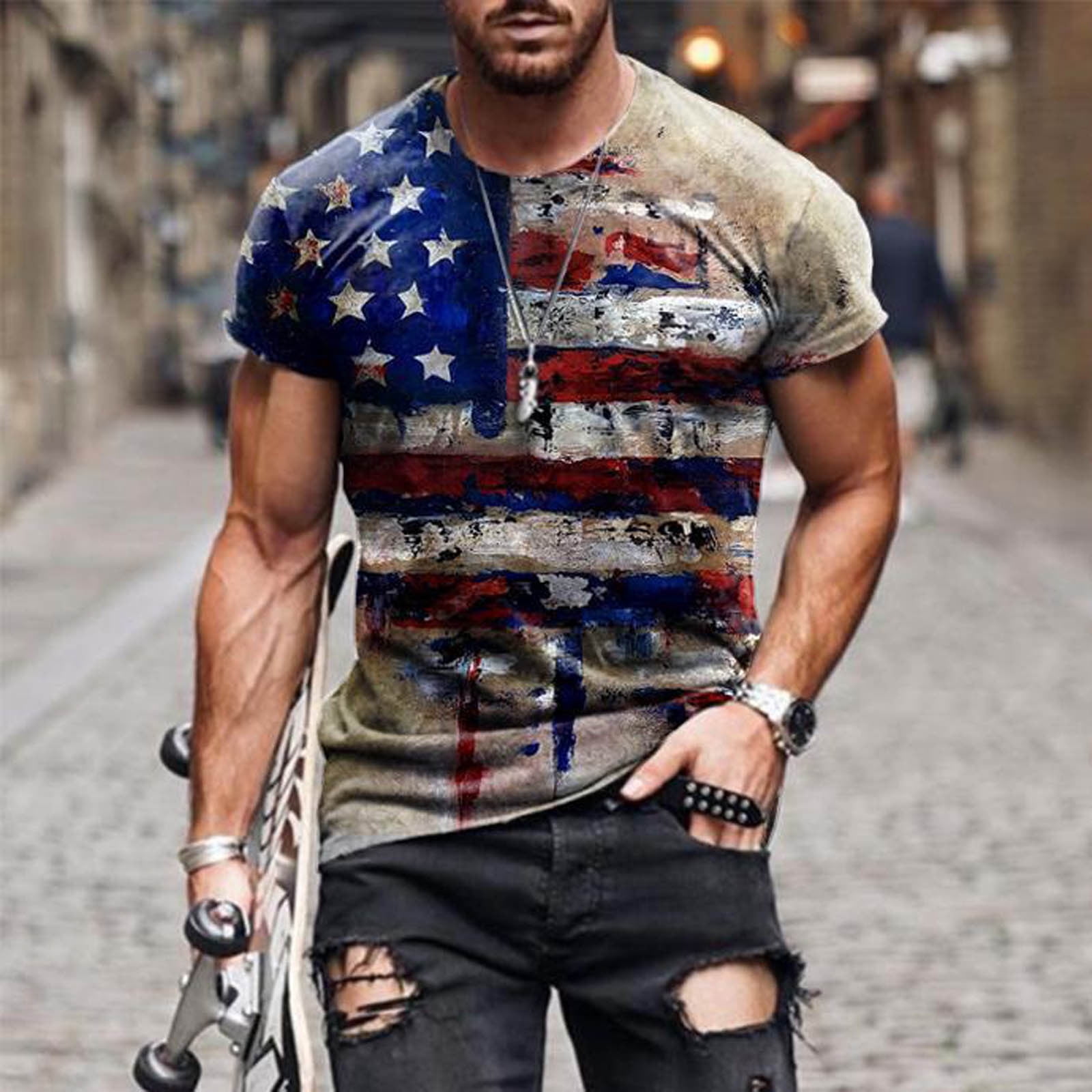 Mens Graphic T-Shirt Mens American Flag T-Shirt Patriotic Vintage Shirts Hipster Short Sleeve Hip Hop Tee Shirt 