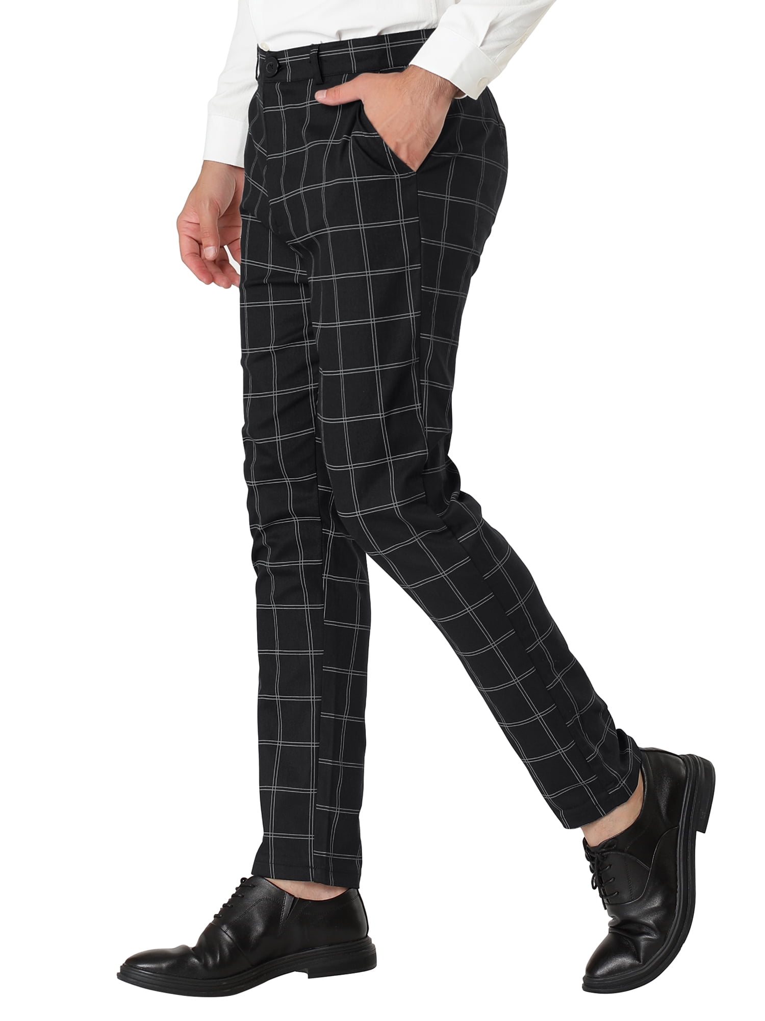 Unique Bargains Men's Slim Fit Plaid Business Pants Trousers with Pockets 36 Black