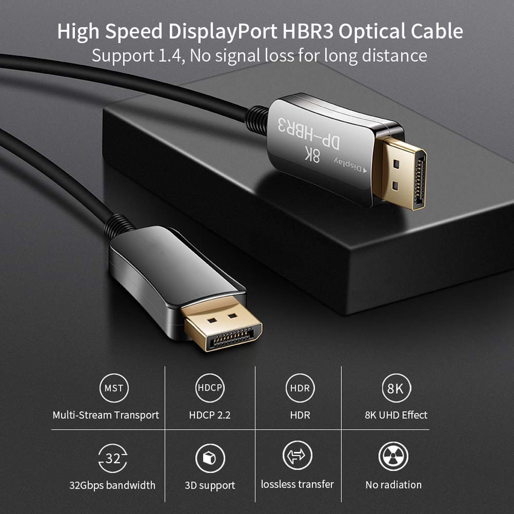 8K DisplayPort DP1.4 Optical Fiber Cable 16FT, Slim and Flexible DP to DP Cable 8K@60Hz 4K@144Hz High Speed 32.4Gbps Support HBR3, DSC 1.2, HDR10, Compatible with Graphics Card, Projector, Monitor
