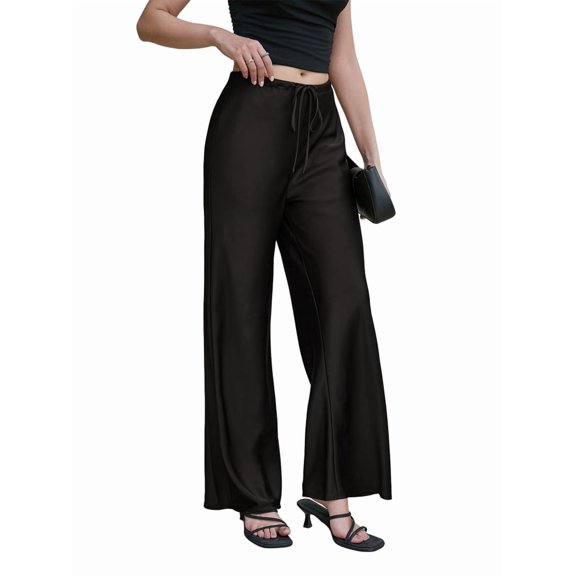 Women Elastic Drawstring High Waist Glossy Satin Wide Leg Full Length Trousers Casual Flowy Pants Black XS