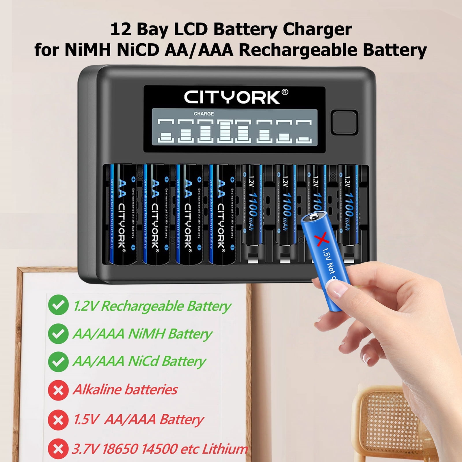 16 AAA Rechargeable Batteries with High Capacity Low Self Discharge 1.2v Ni-MH Batteries with 8 Bay AA AAA Smart LCD Independent Slot Battery Charger