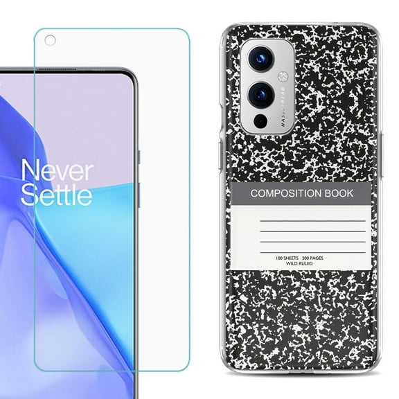 Slim-Fit TPU Phone Case Compatible with OnePlus 9 5G, with Tempered Glass Screen Protector, by OneToughShield ® - Composition Book