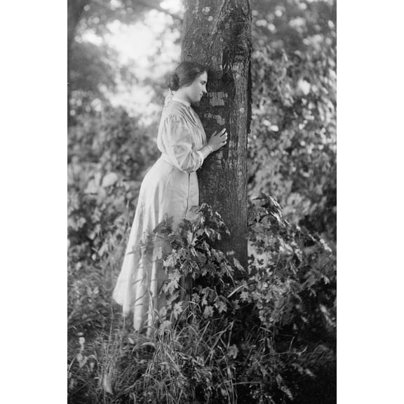 Print: Helen Keller, Full-Length Portrait, Standing By Tree, Facing Right