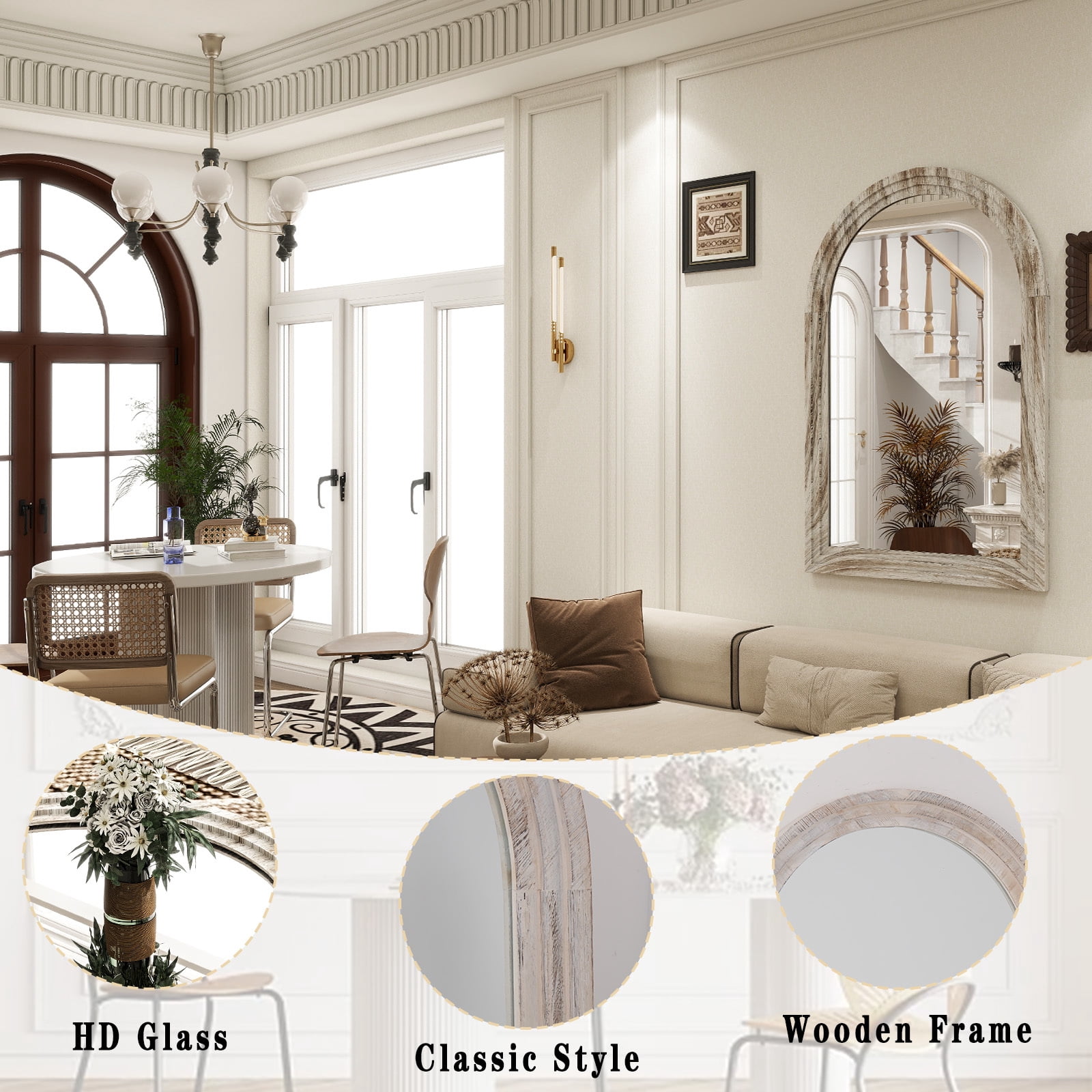 Anyrose 36.2"x24" Arch Wooden Framed Vanity Bathroom Mirror, White