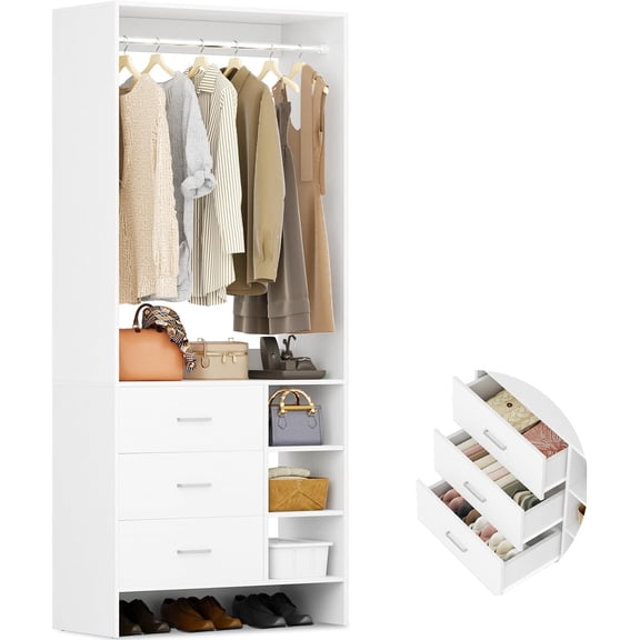 Wood Closet System Three Drawers Wardrobe Closet Organizer Freestanding Storage System Clothes Rack Hanging Rod Open Shelves Walk In Closet Unit White