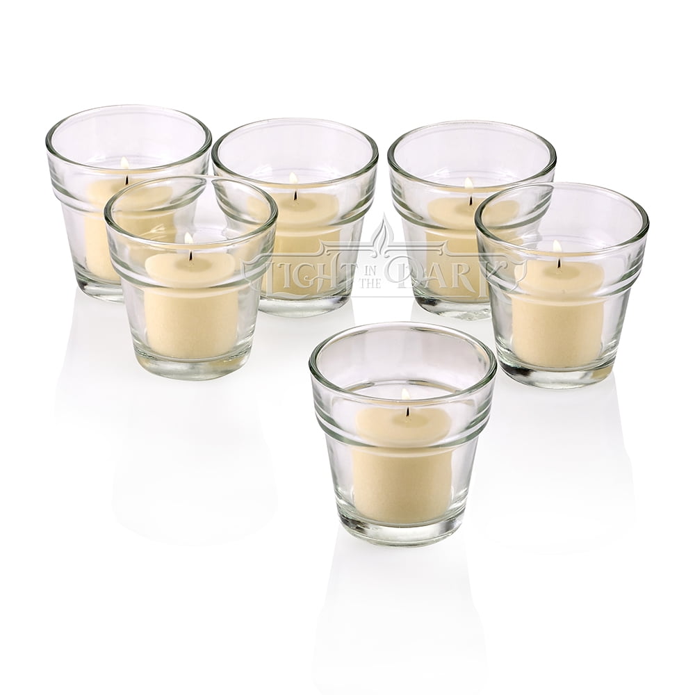 Clear Glass Flower Pot Votive Candle Holders With Ivory Votive Candles ...