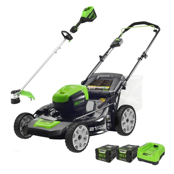 Greenworks PRO 80V 21-Inch Push Mower + 16-Inch String Trimmer, (2) 2.0 AH Batteries and Charger Included