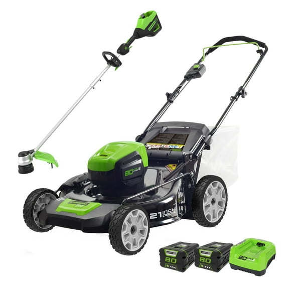 Greenworks PRO Tondeuse Poussée 80V 21 Pouces + Coupe-Bordures 16 Pouces, (2) Batteries 2.0 AH et Chargeur Inclus