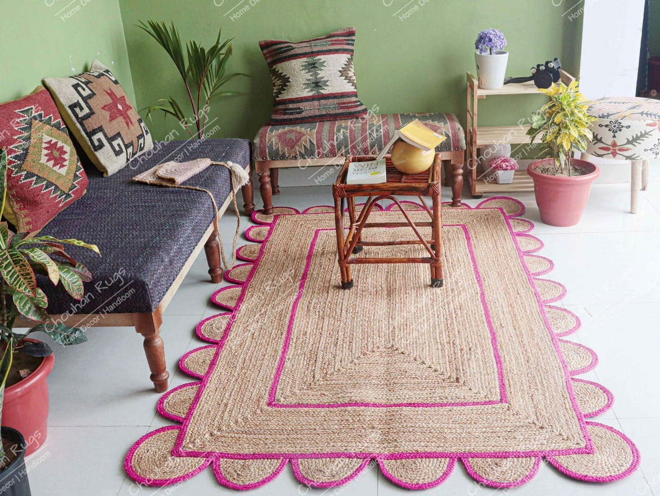 Area Rug Natural Jute Hand Braided Rug Pink Scalloped Runner
