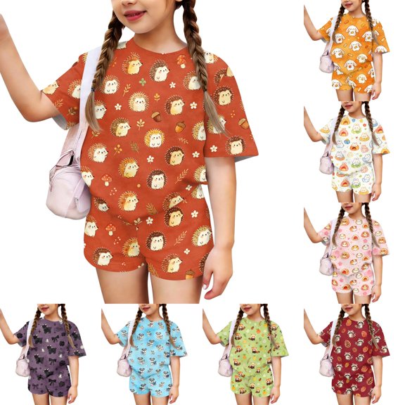 Grblisyd Girls Summer Outfits 2 Piece Set Short Sleeve Crew Neck Shirts and Elastic Waist Shorts Sets Kids Cute Animal Print Clothes 7-8 Y