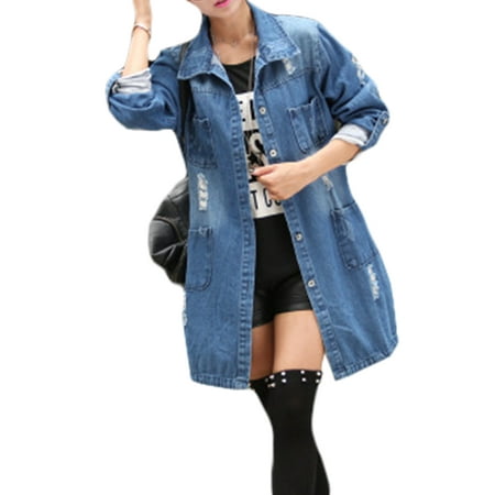 Avens Plus Size Womens Blue Longline Distressed Denim Jacket Oversize Ladies Jean Basic Coat Holes Baggy Long Sleeve Loose Casual Outwear Autumn S-XXXXXL