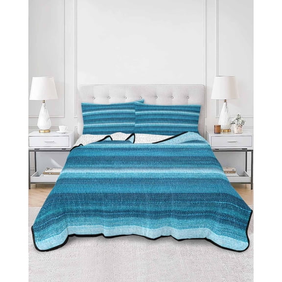 Quilts Queen Size, Turquoise Teal Ombre Soft Comforter Bedding Set for Bed, Farmhouse Modern Abstract Striped Lightweight Quilted Bedspread with Pillow Cover(2 Pieces) for All Season, 90x96 Inch