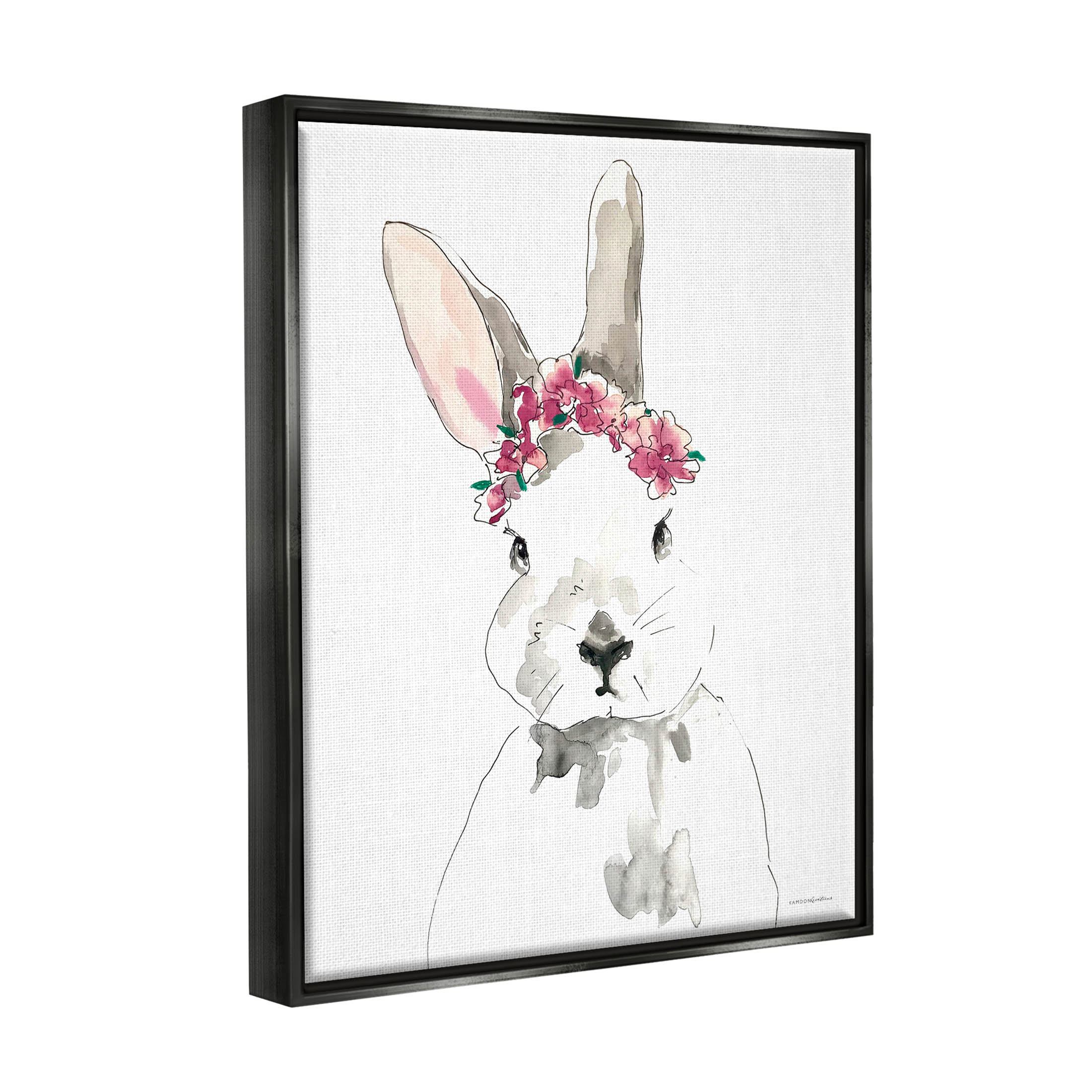 Bunny Pink Flower Doodle Animals & Insects Graphic Art Jet Black Framed Art Print Wall Art