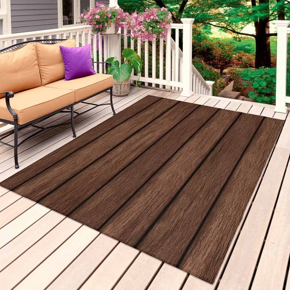 Dark Brown Wooden Outdoor Rug 5x8 Ft, Non Slip Washable Area Rug, Vintage Western Country Wooden Board Patio Rugs Carpet Runner, Large Floor Mat for Indoor/Outdoor Deck Porch Camping