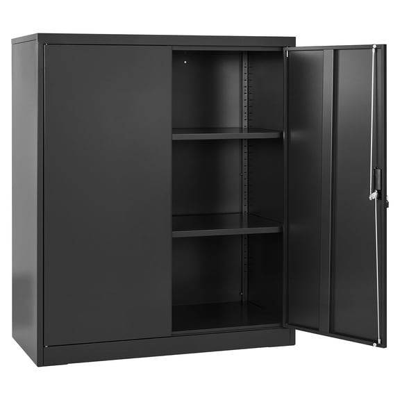 KFFKFF Metal Storage Cabinet, 41.7 in Steel Cabinet with Adjustable Shelves, Magnetic Doors & Keys, 3-Tier Lockable Storage for Garage, Pantry, Basement, Office, Black
