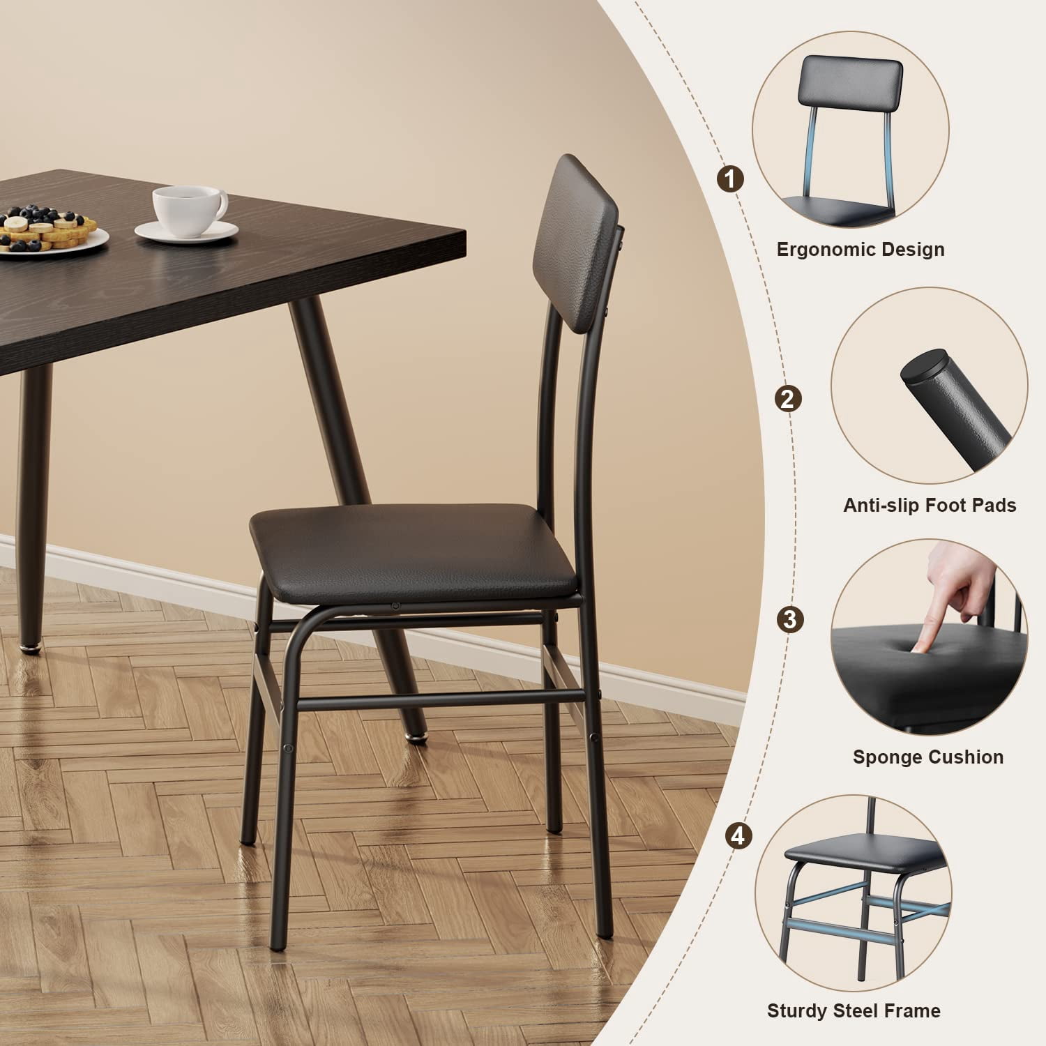 5-Piece Dining Table Set for 4, Modern Kitchen Table with 4 Chairs, Space-Saving Metal Frame & Wood Top Dining Set for Small Spaces, Apartment, Breakfast Nook -  Black