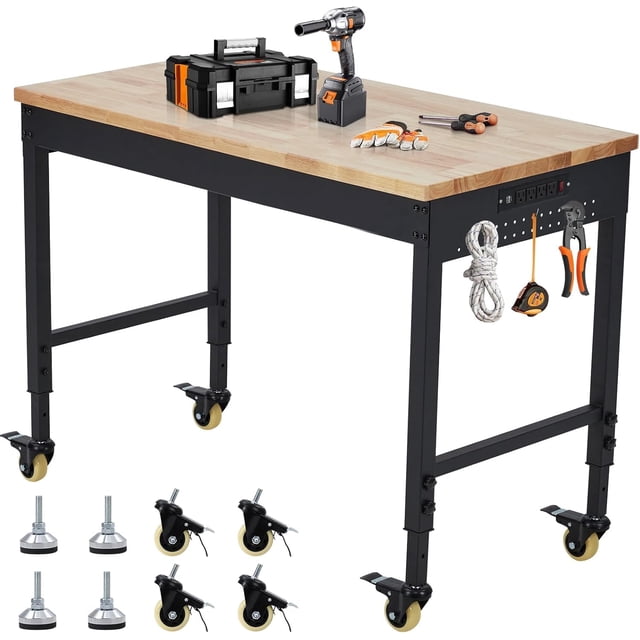 QinaQin 72 x 25 Inch Garage Workbench with Power Outlets, Hardwood Top and 4 Lockable Wheels, 2000LBS
