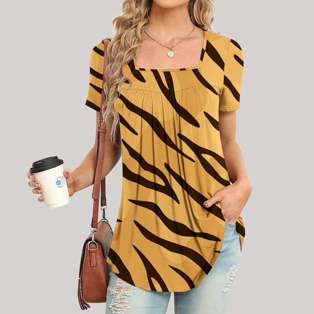 ICHUANYI Clearance Women Fashion Printed Casual V-Neck Short Sleeve Loose T-Shirt Blouse Tops(Yellow, XL) ICHUANYI WER2023081116850