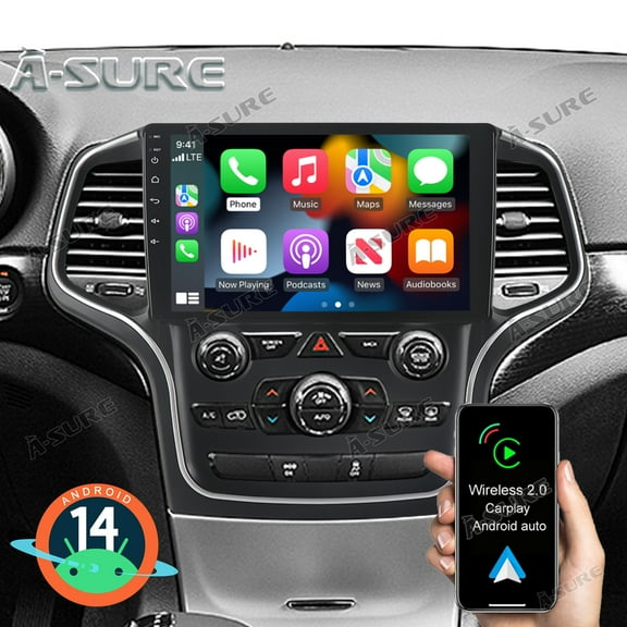 10.1" Android 14 Car Radio Stereo for Jeep Grand Cherokee Trackhawk WK2 2014-2020 (5" OEM Screen), CarPlay/Android Auto/GPS Navi/Wi-Fi/BT 5.0/SWC/DSP/2 32GB