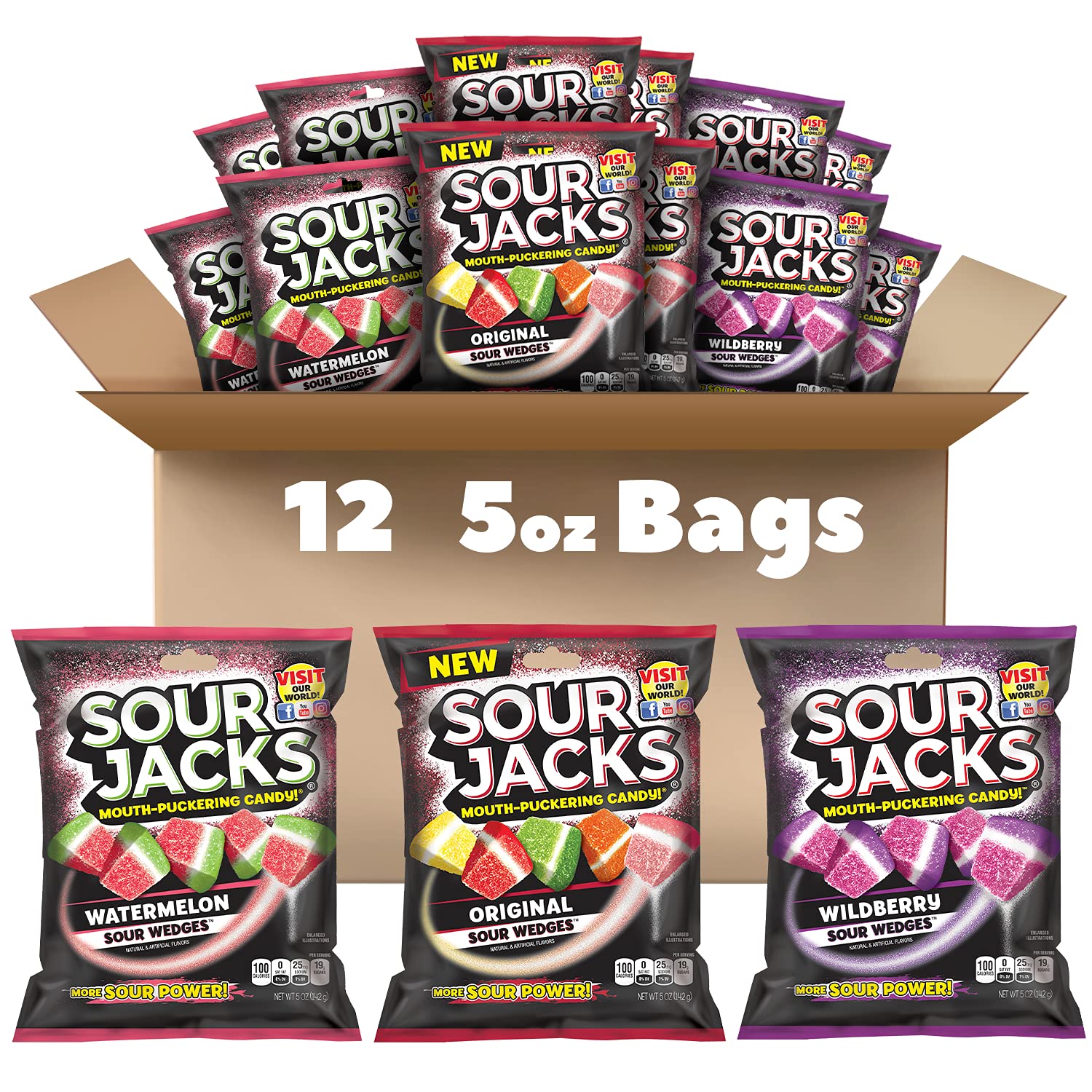 Sour Jacks Candy Gummy Snacks Variety Pack, Original, Watermelon