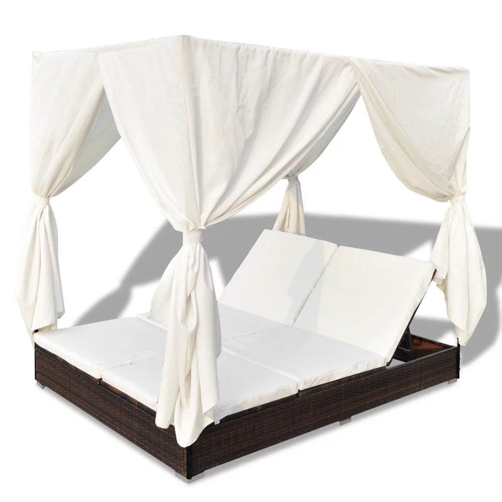 Kepooman Lounge Bed with Curtains and Washable Cushions for Garden Patio, Brown Kepooman Lounge Bed with Curtains and Washable Cushions for Garden Patio, Brown