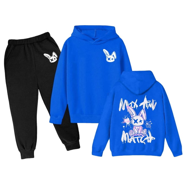 YOUSNH Girls Outfit Sets Children's Medium and Large Children's Long Sleeve Cartoon Rabbit Print Hoodie Top Hoodie Pants Set Clothes Set Blue 3-4 Years