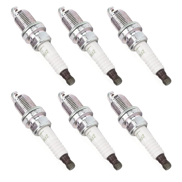 bujía, 6 piezas de bujías compatibles con bujías de encendido para dodge accesorio para dodge diseñado meticulosamente Conjunto de seis bujías en vista frontal sobre fondo blanco; cuerpo roscado cromado, aislador cerámico blanco y electrodo en el extremo. Reemplazo de referencia OE ZFR5F-11, compatible con Chrysler 200, Dodge Avenger, Journey y Jeep Compass/Patriot 2.0L/2.4L. A menudo se usan como repuesto portátil.