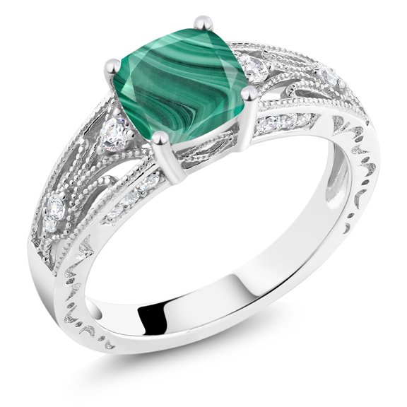 Gem Stone King 1.66 Ct Cushion Green Malachite 925 Sterling Silver Ring (Size 5)