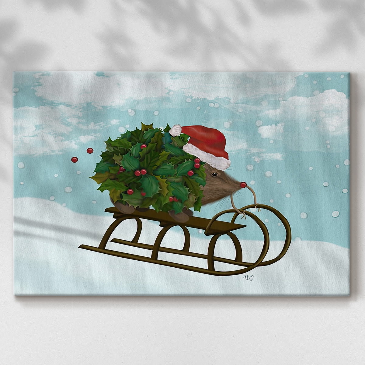 Christmas Holly Hedgehog Sledding- Gallery Wrapped Canvas