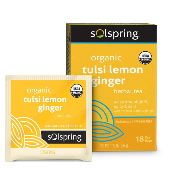 Dr. Mercola Solspring Organic Tulsi Lemon Ginger Herbal Tea, 18 Tea Bags, Naturally Caffeine Free, USDA Organic, Organic Demeter Certified