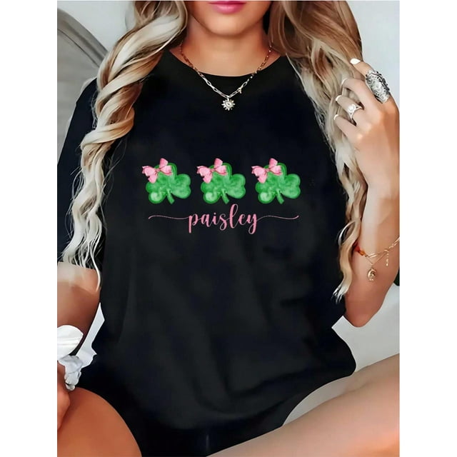 Womens St. Patricks Day Clover Print T-Shirt, TShirt Casual Round Neck Short Sleeve Cotton Street Wear , Valentines Day Gift