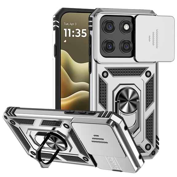 for Motorola Edge 2026 Rugged Phone Case with Sliding Camera Cover, Kickstand TPU Bumper Drop Proof Durable Military Grade Protective Case Cover for Motorola Edge 2026, Silver