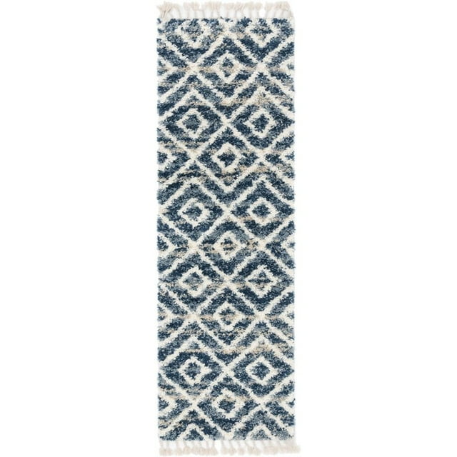 Unique Loom Hygge Shag Geometric Plush & Cozy Rug 2' 7 x 8' 2 Runner Blue/Ivory