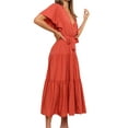 thumbnail image 2 of Franhais Women Summer Dress with Waist Belt, Plain Short Sleeve Ruched V-Neck Loose Dress, Ladies Casual Long One-Piece, 2 of 5