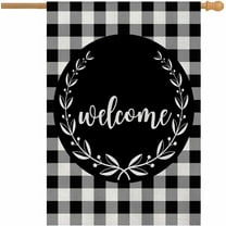 Welcome Laurel Wreath House Flag 28 x 40 Inch Large Vertical Double Sided Black White Buffalo Check Plaid Seasonal Outside Décor for Garden Yard Farmhouse Flags