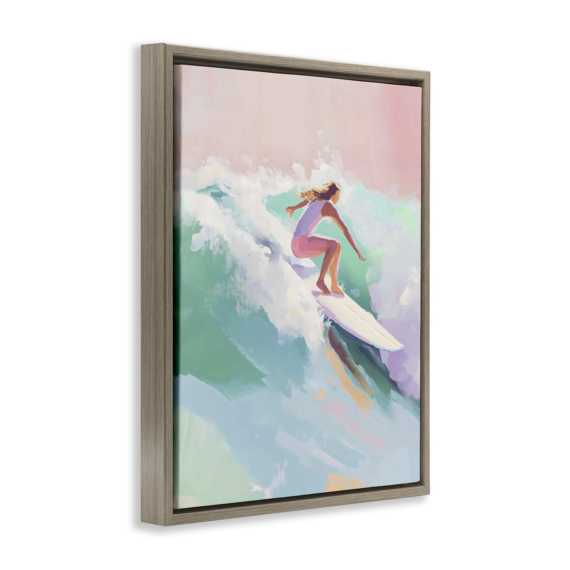 Stupell Industries Surfer Girl Riding Waves Brown Framed Floater Canvas Wall Art, design by The Prints Vibe