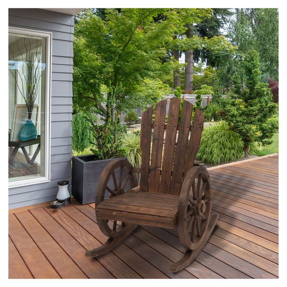 Wooden Rocking Chair, Adirondack Rocker - Outdoor Patio Chair with Wagon Wheel Arms, Slatted Seat, Carbonized Fir Wood for Porch, Garden, Poolside