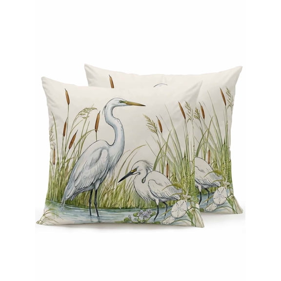 Outdoor Pillows Waterproof, Wildlife Birds Bedding Throw Pillows with Insert for Couch Sofa Bed, Beige Farmhouse Botanical Water Reflection 16x16 Inch Pillowcases Decorative Patio Pillow Set of 2