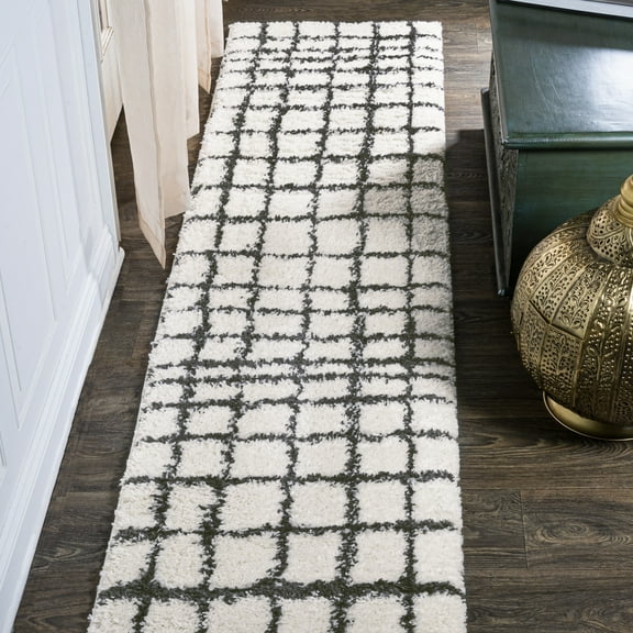 JONATHAN Y MOROCCAN HYPE 2 x 10 Runner Rug, Arenal Geometric Grid Shag - White/Gray, MOH409A-210