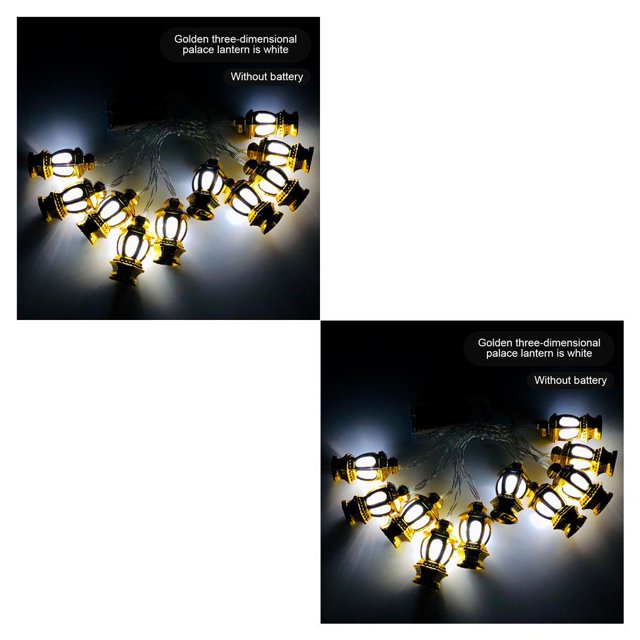 Monstrate de Festival de Ramadán, cadena de plástico de 1,65 M, 10 luces de linterna, Led para exteriores, oro blanco 2piezas