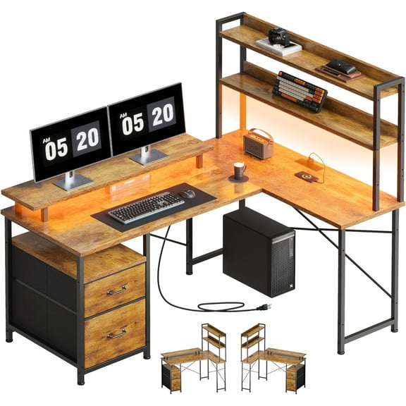 L Shaped Desk with Shelves,Reversible Computer Desk with LED Lights and Charging Station,Home Office Corner Desk with Monitor Stand,Brown2
