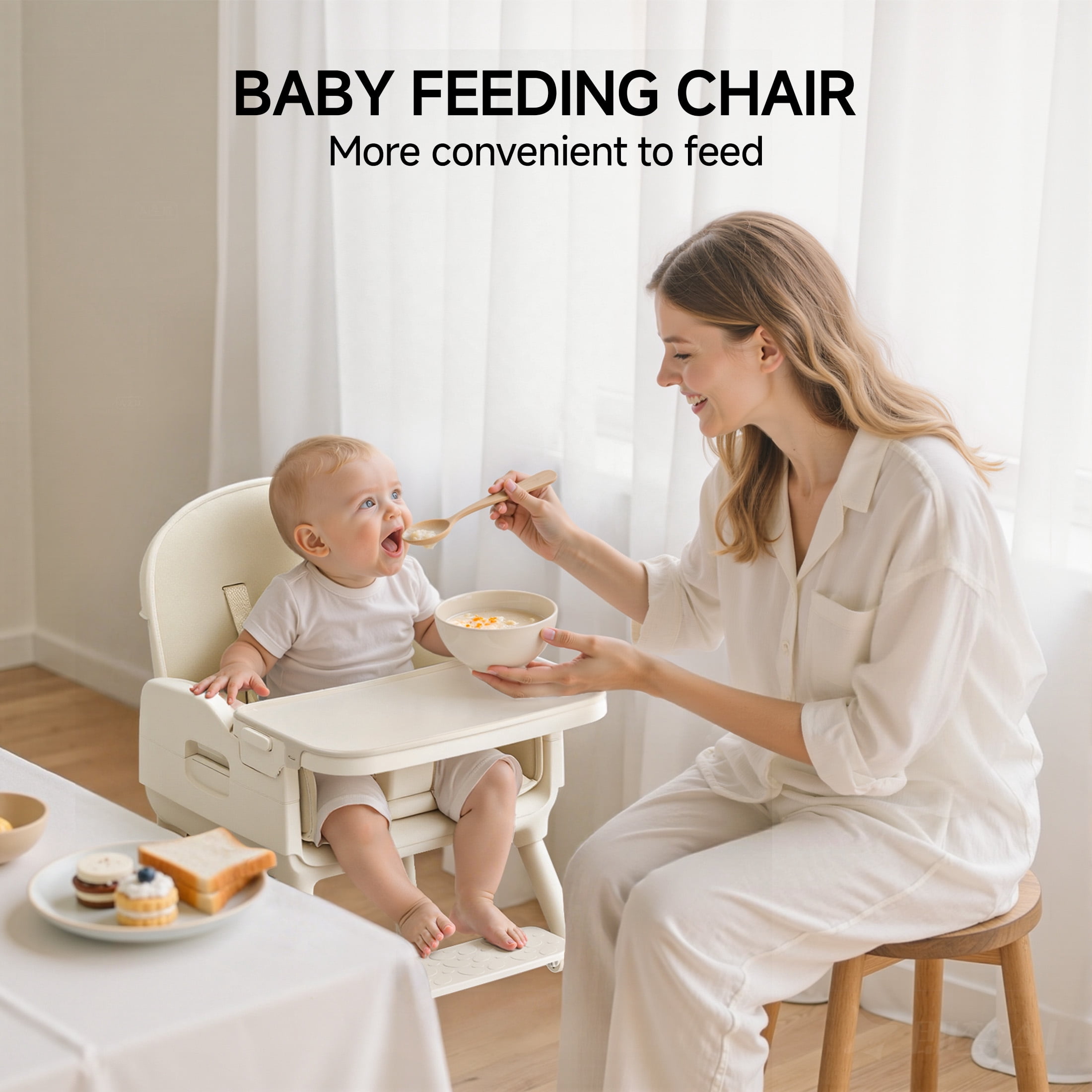Babyomi 3-In-1 Foldable Baby High Chair, Convertible Highchairs For Babies and Toddlers With Adjustable Legs & Dishwasher Safe Tray, For 6 Months To 5 Years,Beige