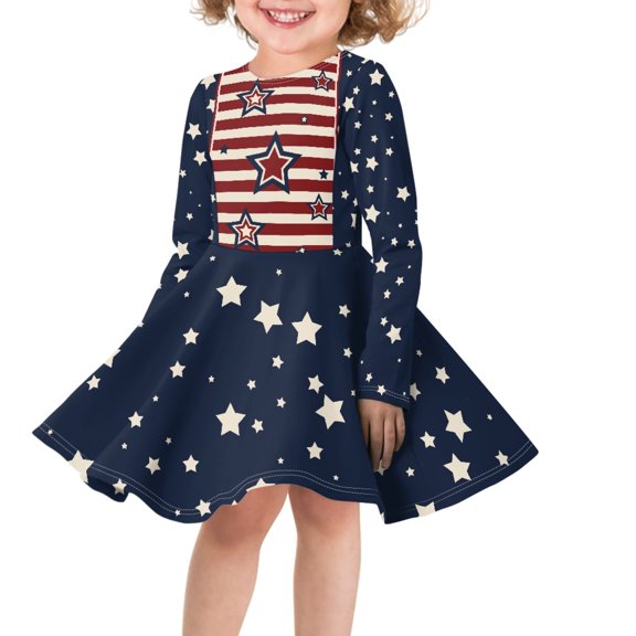 DISNIMO American Flag Dress Girls 3-4 Long Sleeve Dresses Kids Star Dress for Girls Casual Midi Dresses for Teen Girls Soft Dresses for Children Girl Dress Long Sleeve Skater Dress Girls School