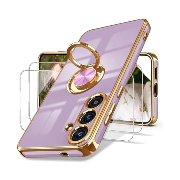 for Samsung Galaxy S25 FE 5G Case, Screen Protector, 360° Rotatable Ring Holder Magnetic Kickstand,Plated Gold Edge Slim Soft TPU Protective Phone Case Cover for Galaxy S25 FE 5G (Purple)