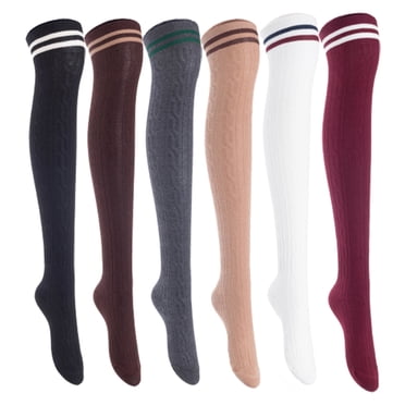 Lian Lifestyle Women's 6 Pairs Incredible Durable Super Soft Unique Over Knee High Thigh High Cotton Socks, Size US 6-9, JMYP1023 Black, Coffee, Dark Gray, Khaki, White, Wine