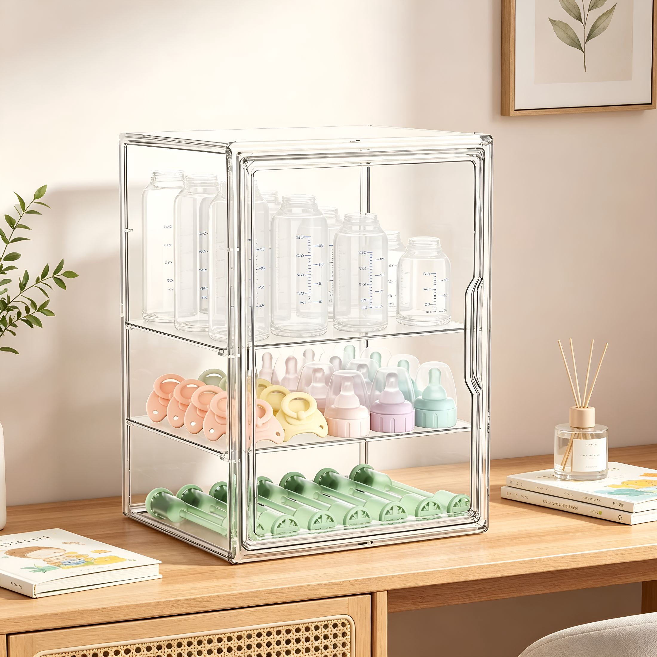 XIBUFE Baby Bottle Storage Organizer for Countertop,Large Clear Bottle Organizer,Baby Bottle Storage Organizer for Bottles,Nipples,Pump Parts&Food Jars,Nursery Cabinet,Kitchen Pantry