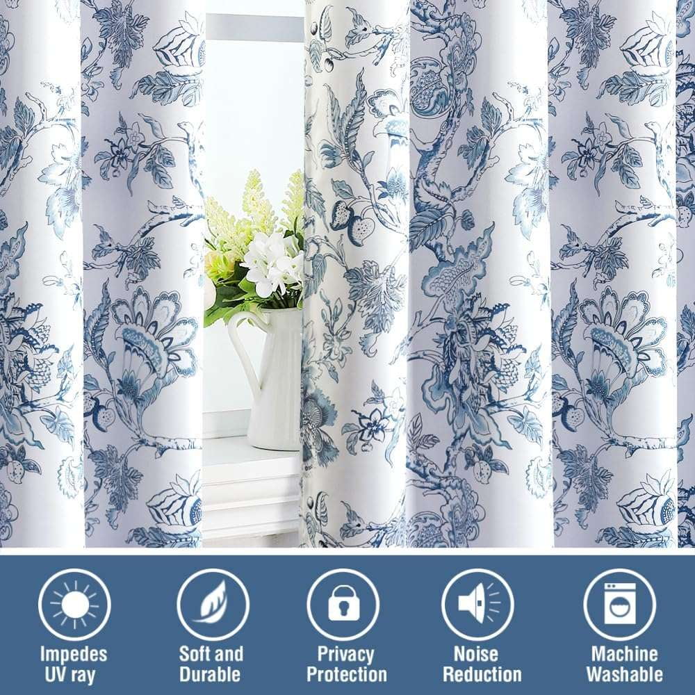 Turquoize Blackout Curtains 2 Panels Floral Print Thermal Insulated Grommet for Living Room(52"x 63",Storm Blue)