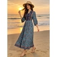thumbnail image 2 of Women's Boho Paisley Floral Print Maxi Dress Long Sleeve Split V Neck Teal Embroidered Swing Resort Dress, 2 of 8