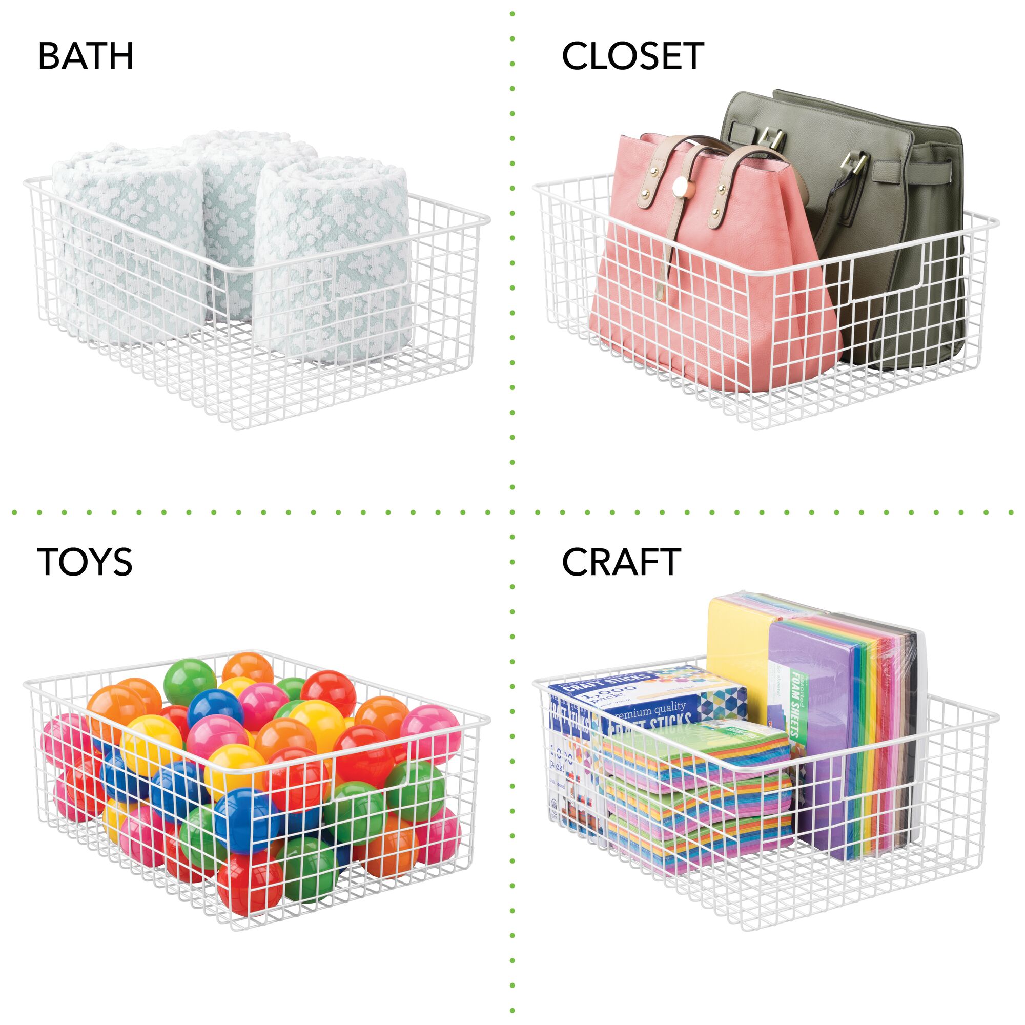 mDesign Metal Wire Food Organizer Basket, Built-In Handles, 4 Pack, White